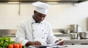 chef calculating food costs for pricing food services in Nigeria in a kitchen